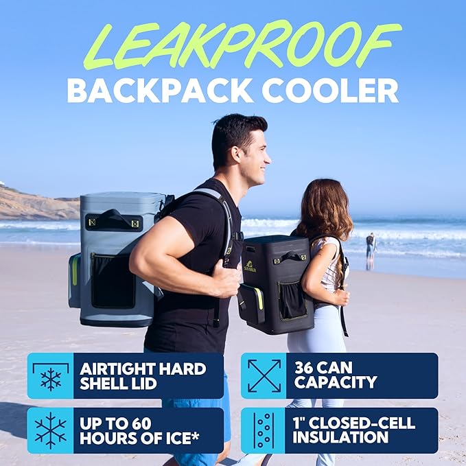 Sun Ninja Backpack Cooler - Insulated Leak Proof Beach Bag - 100% Waterproof Travel Picnic Backpacks for Men & Women - Keeps Drinks Cold for up to 48 Hours - Up to 36 Cans