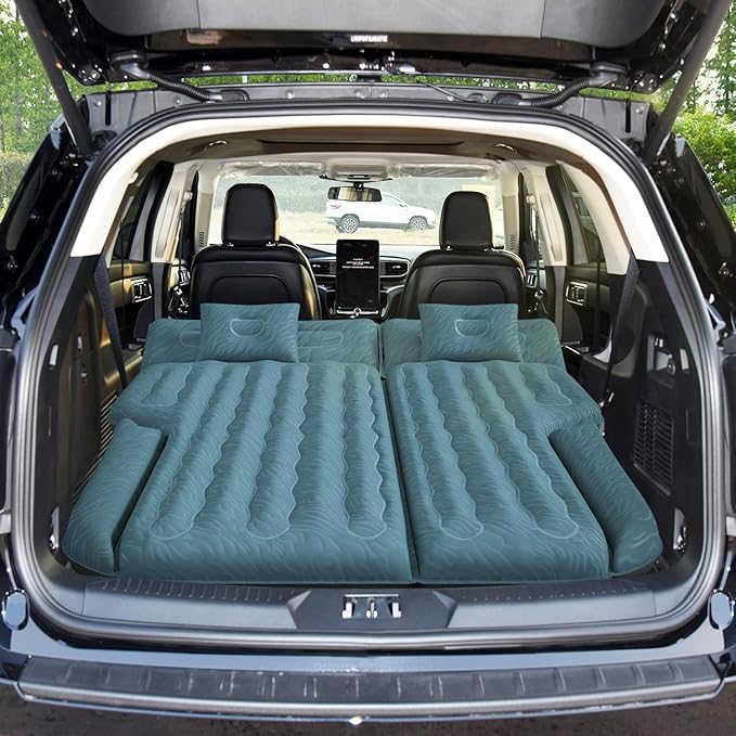 Umbrauto SUV Air Mattress for Back Trunk Folded Backseat, Inflatable Car Camping Bed for Sleeping Travel, Flocked Surface Reinforced Bottom Fits Mid-to-Full Size SUVs with Pump, Pillows Carry Bag