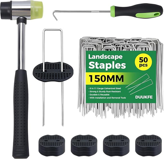 50Pcs Landscape Fabric Pins+50Pcs Gasket+Pick Hook+Rubber Mallet, 6 Inch Landscape Fabric Staples 11 Gauge U Shaped Galvanized Landscape Pins Yard Ground Pin for Weed Barrier Sod Fabric Decoration