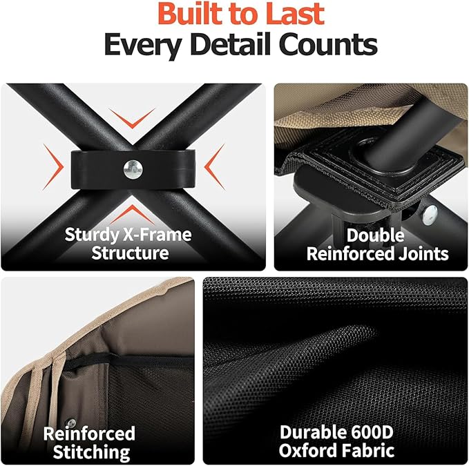 Overmont Oversized XL Camping Chair for Adults - 400lbs Support Heavy-Duty Padded Folding Chair with Side Pocket Cup Holder Cooling Bag for Outdoor Sports Garden Beach Fishing Lawn Khaki 2pcs