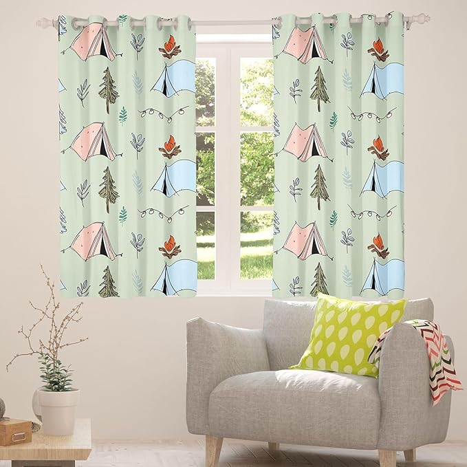 Feelyou Cute Green Camping Camper Blackout Curtains Campfire Tent Darkening Drapes for Bedroom Living Room Decor Happy Camping Thermal Insulated Shades Window Treatments, 2 Panels 52 x 63 Inch