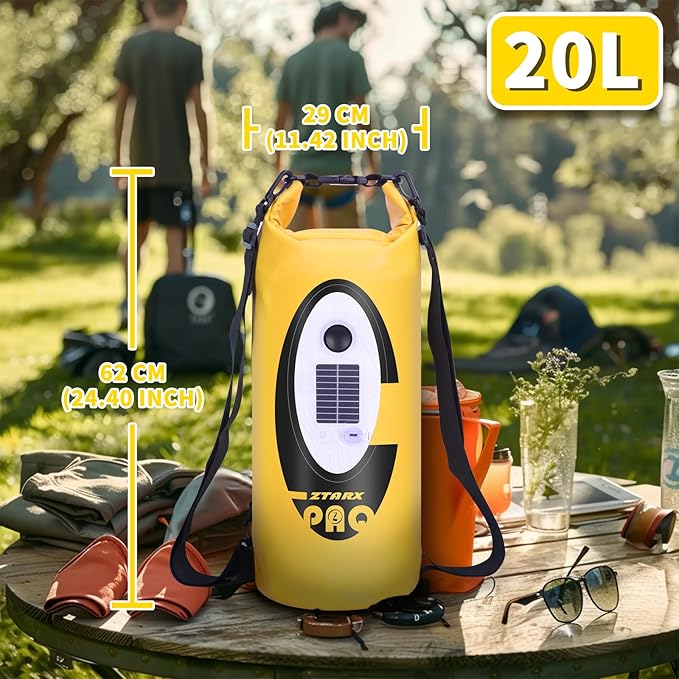 FELICON Solar/Battery Powered Multi-Functional Backpack with Bluetooth Speaker,IP66 Waterproof Dry Bag,Heavy Duty Roll Top Closure,Large Capacity Bag for Camping,Hiking,Traveling (Yellow 20L)