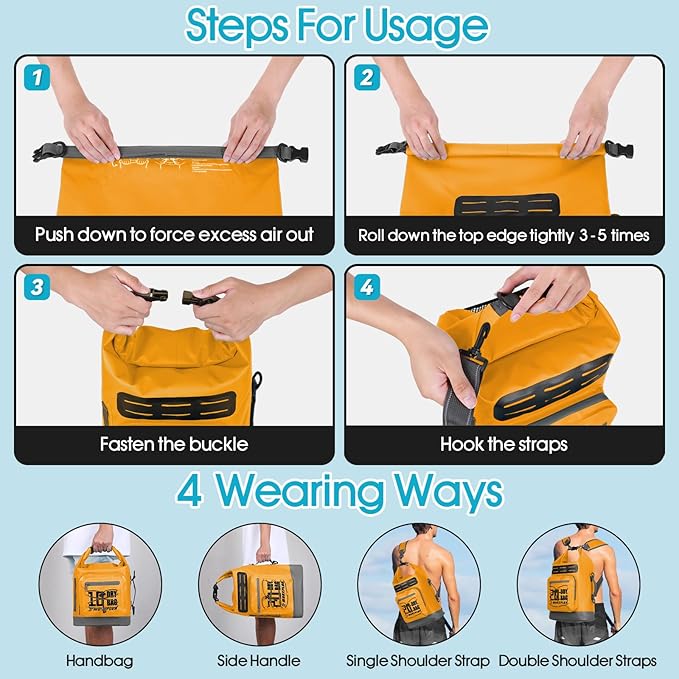 Dry Bag Waterproof,5L/10L/20L/30L Roll Top Dry Bag Backpack with WaterProof Phone Case for Swim,Kayak(Orange 5L)
