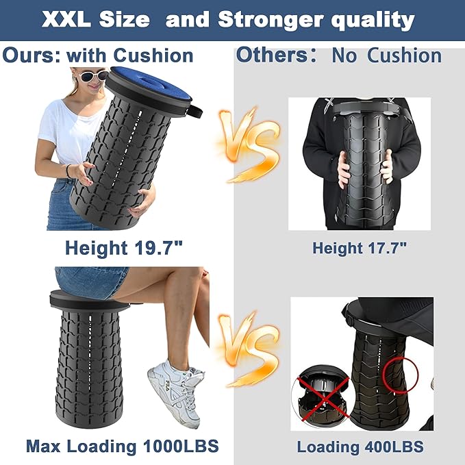 ALEVMOOM XXL Telescoping Stool with Cushion,Taller 19.7"Wider 11.8" Collapsible Chair More Sturdy Capacity 1000Ib,Portable Camping Adjustable Stool for Garden Fishing Hiking Mountain BBQ (Large Black)