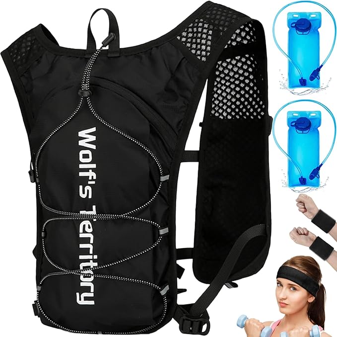 Hydration Backpack with 2pcs 2L Water Bladder, Lightweight Water Backpack for Hiking, Hydration Vest with 2pc Wrist Braces and 1pc Head Band for Running Biking Cycling for Women and Men