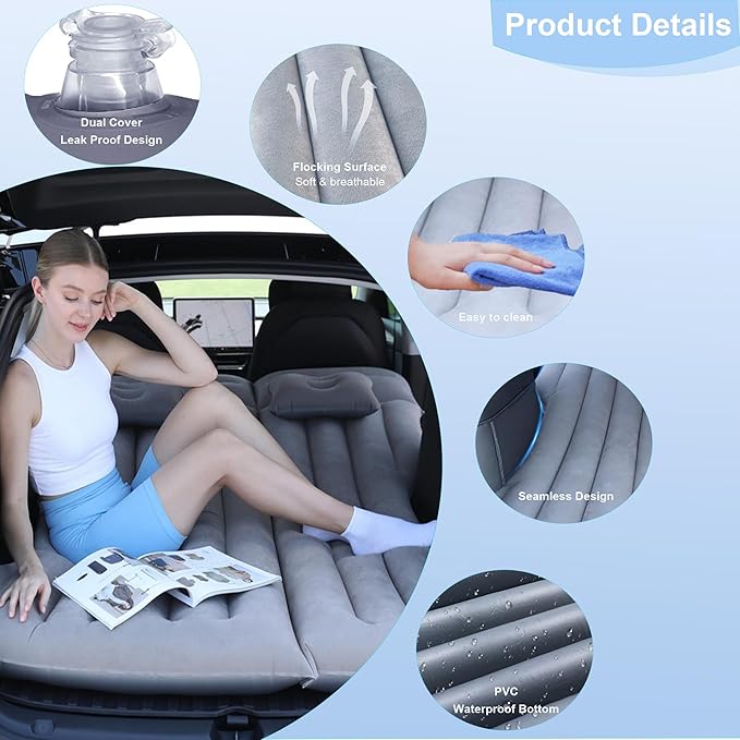Car Air Mattress Camping Bed, Inflatable Bed Car Mattress for Model Y SUV Truck Backseat Trunk, Portable Foldable AirBed Sleeping Mat Tent Pad SUV Mattress for Car Travel Home (Grey)