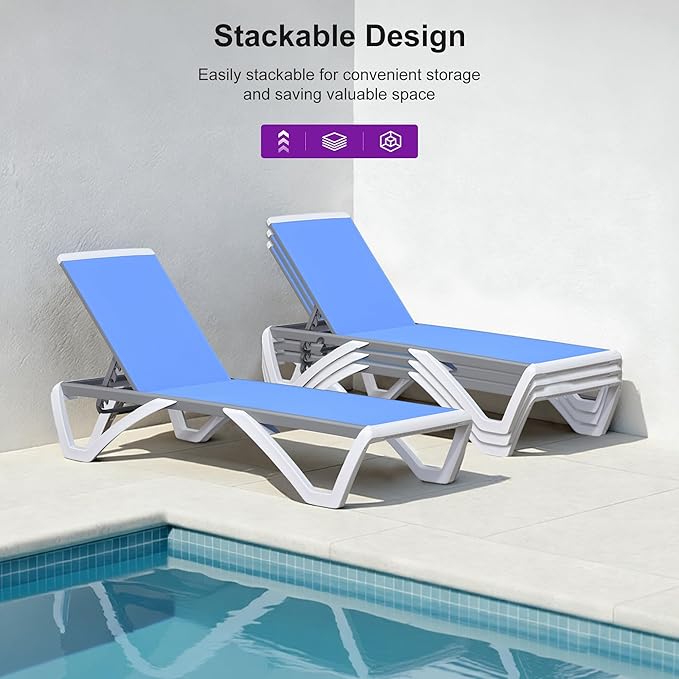 PURPLE LEAF Patio Chaise Lounge Chair Set Outside Aluminum Plastic Stackable Tanning Chairs with Side Table for Pool Sunbathing Beach Deck Outdoor Lounger, Royal Blue