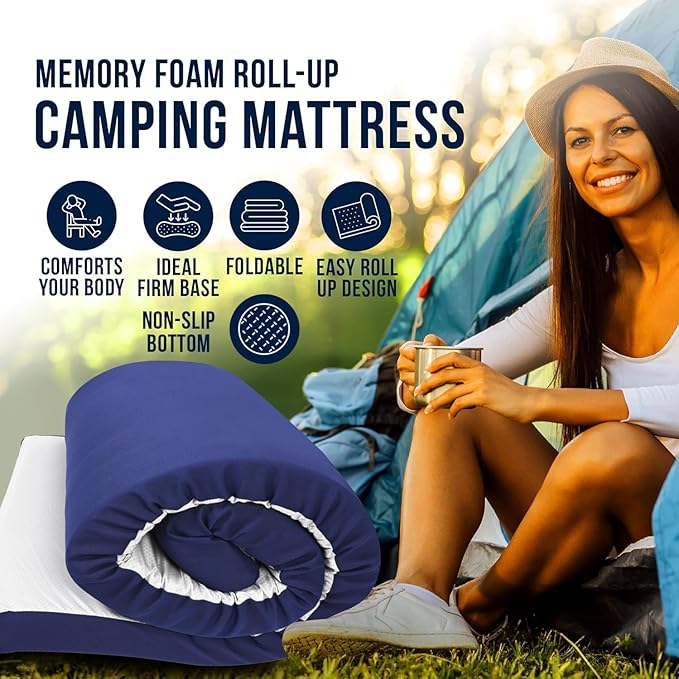 Foamma 3" x 26" x 72" Memory Foam Roll-Up Camping Mattress with Water Resistant Zipper Cover, Foldable and Portable for Camping, RV Bunk, Tent, Guest Bed, Outdoor and Dorm, CertiPUR-US Certified Foam