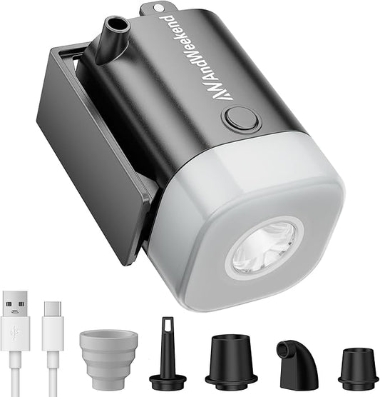 THE WEEKEND Mini Portable Air Pump for Inflatables–Electric Air Mattress Pump for Camping Travel and Home Use with LED Light for Sleeping Pads Pool Floats Vacuum Bags