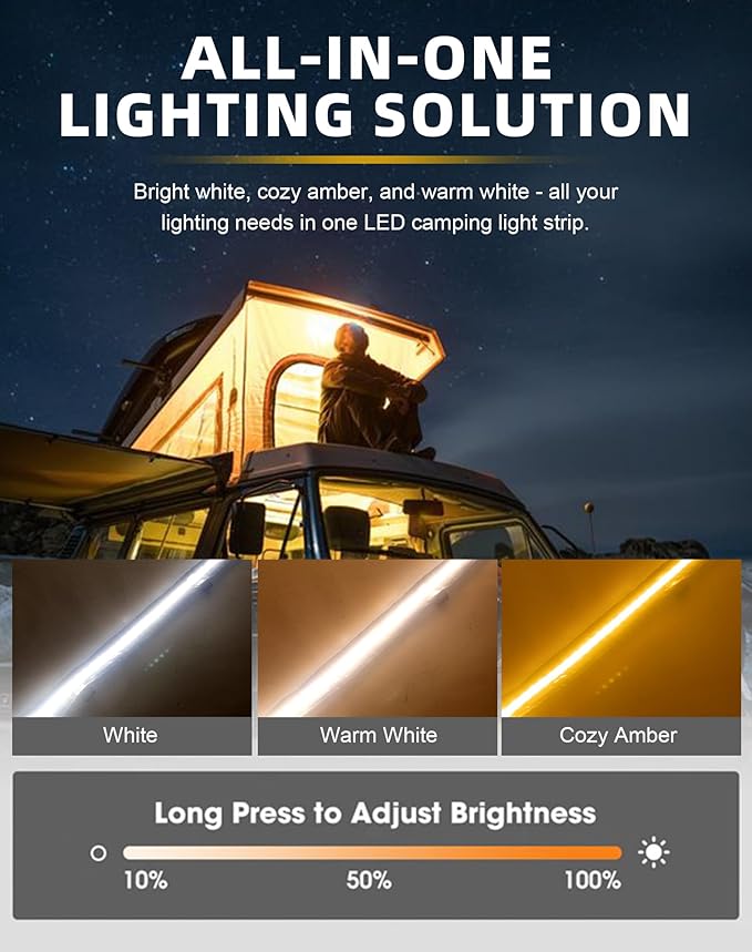 4FT 12V Led Light Strip Waterproof IP67, Dimmable Camping Awning Lights with 140 SMD 2835 LED Chips, Multi-Functional Use for RV, Car Tent, Camping, White/Warm White/Amber