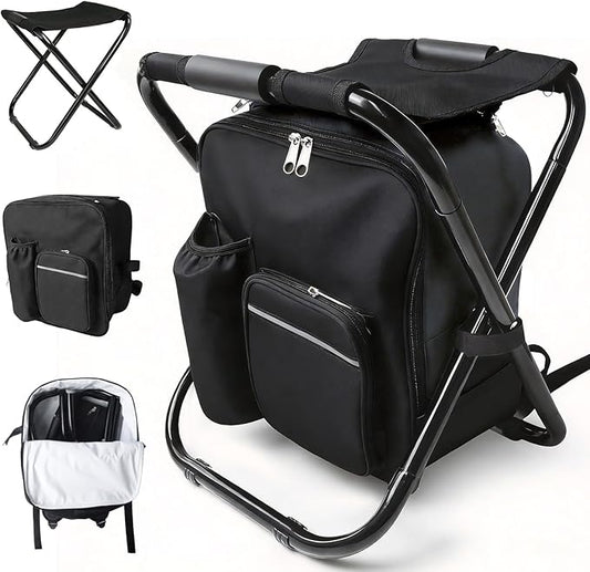 Folding Camping Chair Stool Backpack with Cooler Insulated Picnic Bag, Portable Hunting Fishing Multifunction Chair for Outdoors Hiking Hunting Travel (Black)