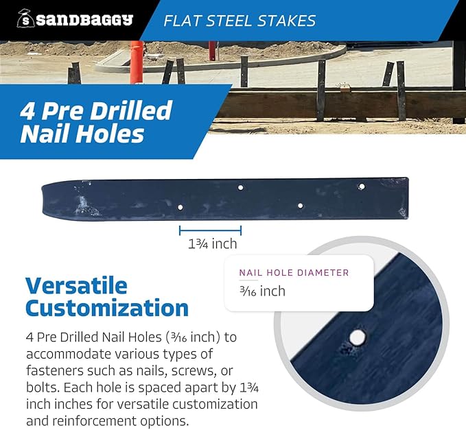 Sandbaggy Flat Steel Stakes for Concrete Forms with Nail Holes - 1.5" Wide - Painted - Removable, Reusable, V Point End - Construction Grade Stakes (100, 12 inch)