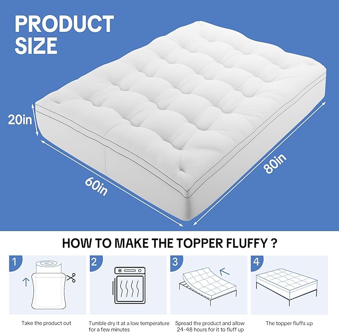 HOMBYS 2 in Thick Air Mattress Topper with Deep Pocket, Extra Cushioning for Warm Sleep & Protection, Fitted Mattress Pad for Camping, Guests, Pets, Queen Size