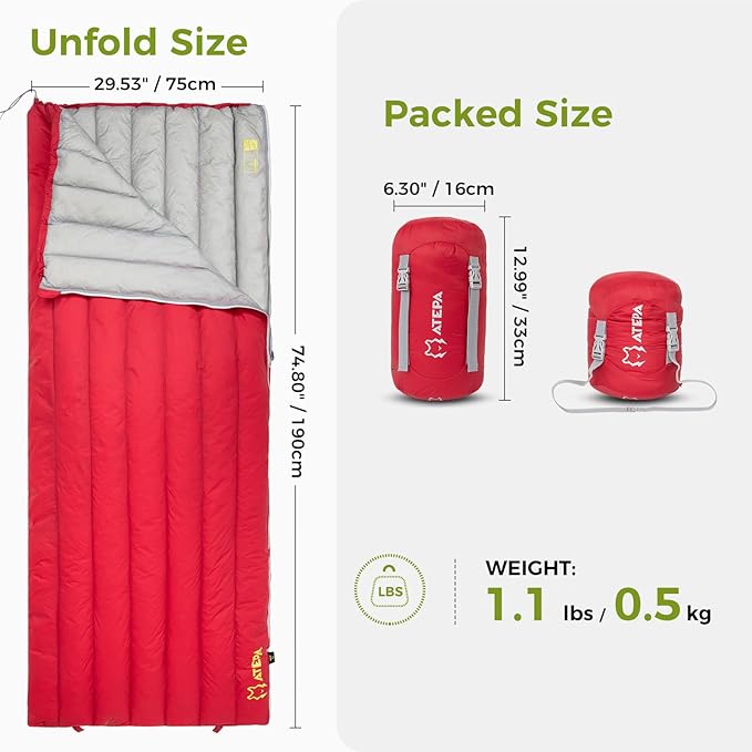 ATEPA Down Sleeping Bag for Adults, 650FP Ultralight 3 Season Compact Packable Sleeping Bag with Compression Sack for Camping Backpacking Hiking
