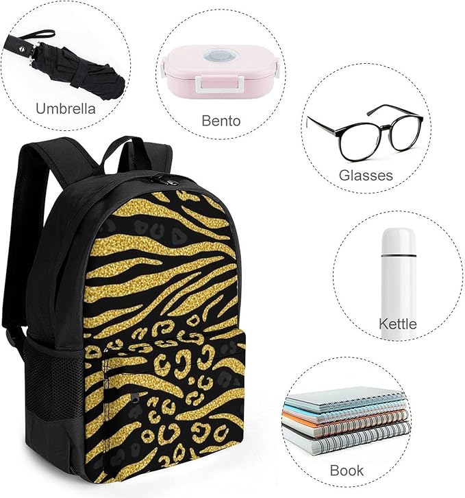 Supdreamc Polyester Daypack Backpack for Climbing Outdoors Running, Big Capacity Multipurpose Anti-Theft Bookbag, Gold Glitter Animal Skin Tiger Stripes Print Travel Hiking Camping Rucksack