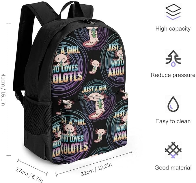 Multipurpose Business Travel Rucksack Cute Animals Pink Axolotls Prints Funny Black College Bookbag with Large Capacity Backpack for College Men Women