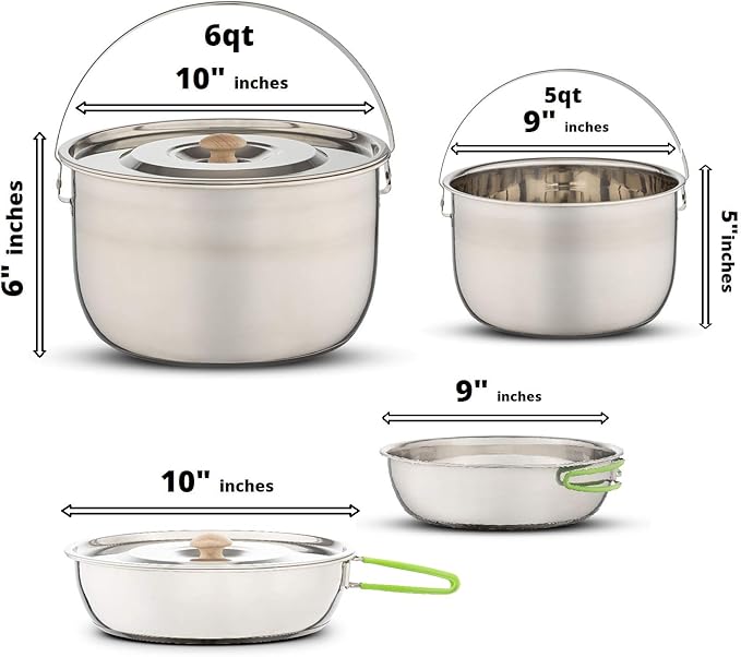 Camping Cookware Set - Compact Stainless Steel Campfire Cooking Pots and Pans | Combo Kit with Travel Tote Bag | Rugged Outdoor Cook Set for Hiking | Barbecues | Beach