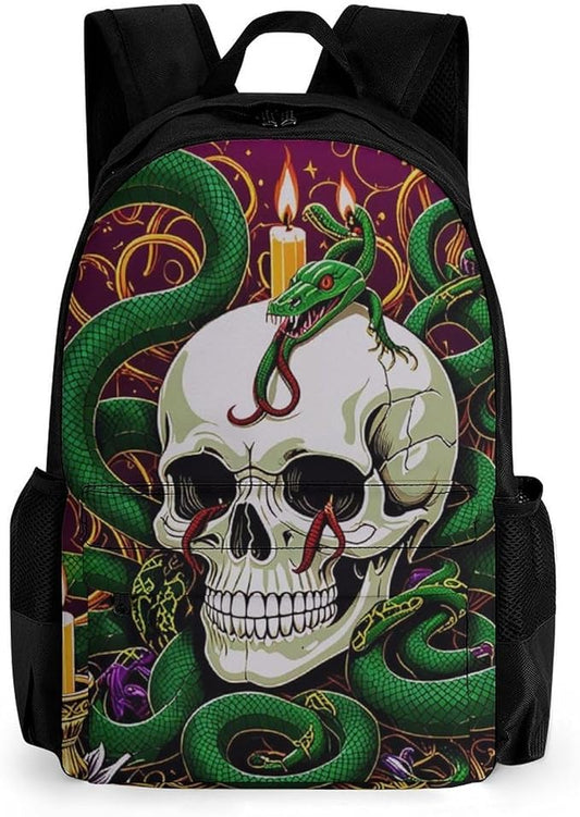 Supdreamc Women Men Polyester Medusa Skull Green Snake Art Casual Daypack Large Capacity Bookbag With Side Pockets for Sports Picnic Walking Cycling