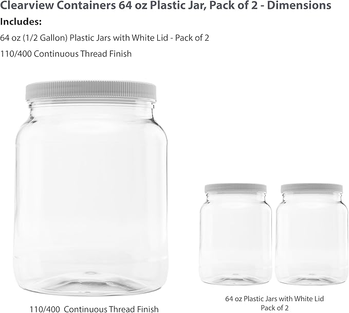 Plastic Storage Jars with Leak Proof Lids, BPA Free, Hand Wash Only (64oz, 2PK White)