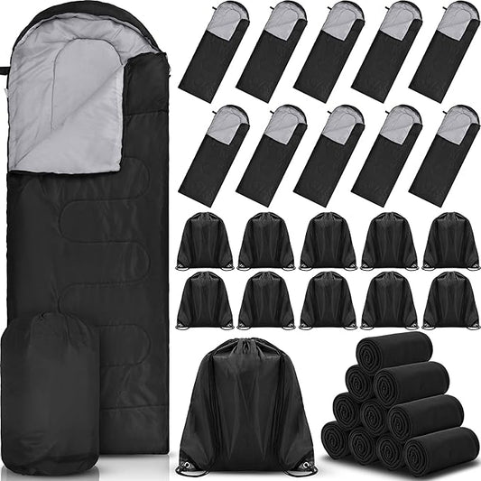 Macarrie 30 Pcs Hiking Gear Set, Include 10 Sleeping Bags for Adults Teens Kids with Compression Sack, 10 Warm Fleece Blankets and 10 Drawstring Bags for Camping Gear Homeless Supplies