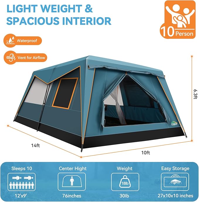 COBIZI 4-6-8-10 Person Camping Tent, Spacious Family Tents for Camping Ideal, Hiking, 3500mm Waterproof Double-Layer Windproof Tent for Hiking & Backpacking