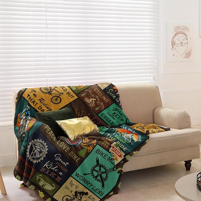 Bicycle Enthusiast Gift, Mountain Biking Blanket Throw 60"x50" for Men/Riders/Cyclists, Bike Themed Decorations