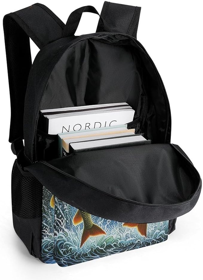 Supdreamc Rucksack Polyester Anti-Theft Multipurpose Two Fish Jumping Out Of Water Art Bookbag Big Capacity Travel and Sport Backpack Rucksack With Side Pockets