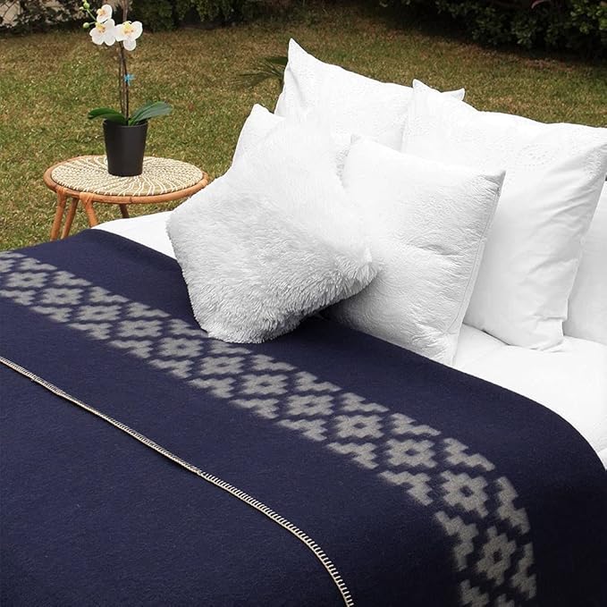 Thick Alpaca Wool Blanket Heavyweight Camping Outdoors Indoors Soft Peru Queen Size Ethnic Design (Navy Blue - Soft Gray, Queen Size)
