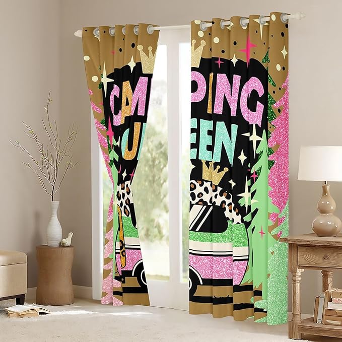 Cartoon Camper Window Drapes,Crown Leopard Starry Princess Blackout Curtains,Rustic Pine Tree RV Trailer Nursery Bedroom Playroom Decor,Pink Green 2 Panels,52Wx63L inch