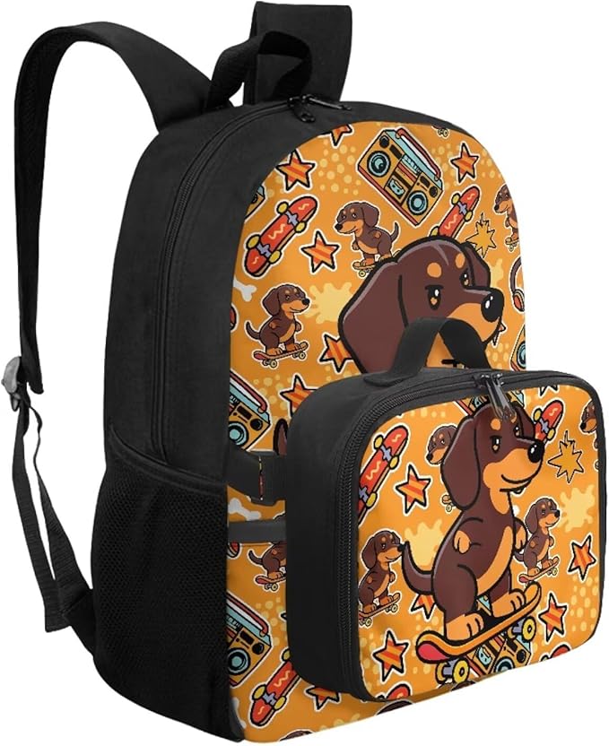 HUGS IDEA Skater Dachshund Bookbag for Girls Elementary School Cute Kids Bookbag with Lunch Box 17 Inch School Bag for Girls 4-6 Lightweight Book Bags Satchel Back Pack for Kids