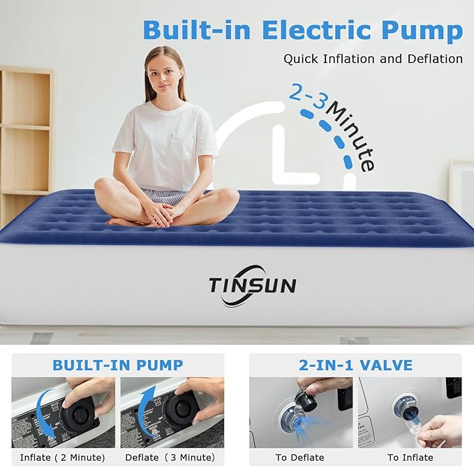 Air Mattress Queen with Built in Pump, Comfortable Blow up Mattress Portable Inflatable Bed for Camping, Inflatable Mattress Guest Bed for Home