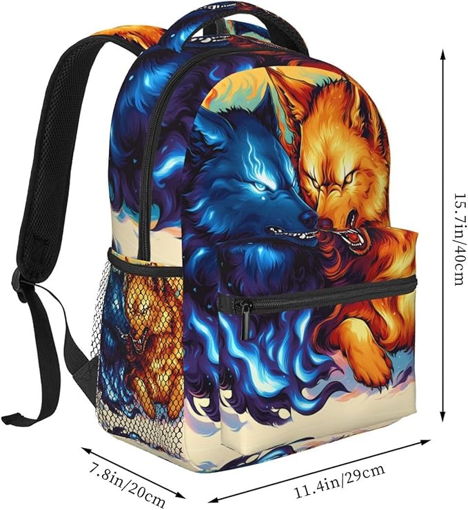 Rucksack Anti-Theft Multipurpose Large Capacity Carry On Bag, Ice And Fire Flaming Cool Wolf Art Travel Hiking Bag Day Pack With Side Pockets