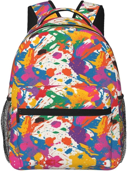 Men Women Polyester Colorful Splatter Color Art Daypack Backpack Large Capacity Carry On Bag With Smooth Zippers for Hiking Picnic Walking Cycling
