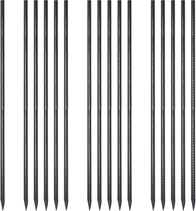 Ground Rebar Stakes 48 Inch 1/2 Inch Diameter Heavy Duty Metal Spikes with Chisel Point End Landscpe Timber Spikes Concrete Stakes for Garden Camping Plant Support, Black Coated (16 Pcs)