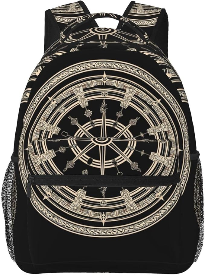 Rucksacks Lightweight Multipurpose Anti-Theft Black Celtic Viking Magical Runic Compass Vegvisir Circle Of Norse Runes Art Shoulder Bag Big Capacity Traveling Camping Backpack With Side Pockets