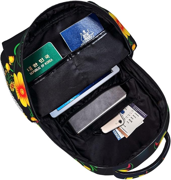 Backpack Anti-Theft Multipurpose Large Capacity Carry On Bag, Day Of The Dead Black Cat Red Floral Art Camping Outdoor Backpack With Side Pockets