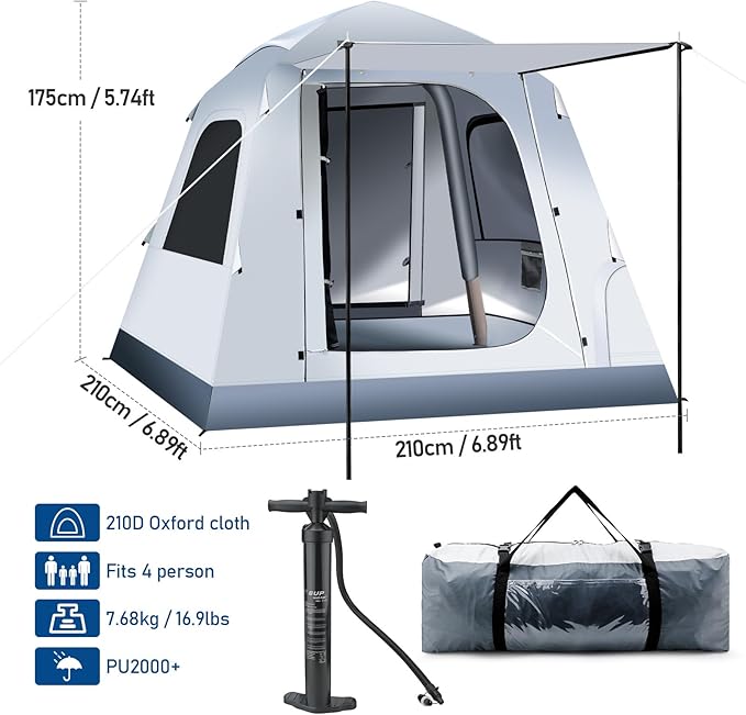 Quick Inflatable Camping Tent 3-4 Person Glamping Outdoor Air Blow Up Tents, Easy Set up,Rainfly & Waterproof Inflatable House Tent for Adults