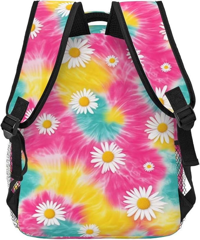 Men Women Polyester Daisy Flower Tie Dye Daypack Bookbag Big Capacity Shoulder Bag With Padded Straps for Climbing Travel Walking Cycling