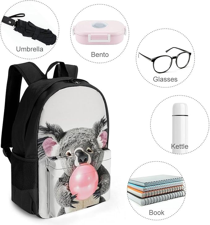 Lightweight Daypack Backpack for Trekking Work Running, Big Capacity Multipurpose Anti-Theft Bookbag, Bubble Gum Cute Funny Koala Business Computer Bag