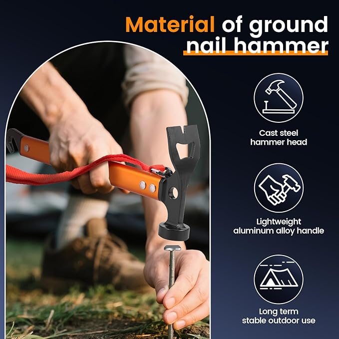 2Pack Aluminium Camping Hammer With Hook 3-In-1 Carbon Steel 12" Tent Stake Hammer Small Lightweight Portable Multifunctional Tent Stake Puller For Camping Hiking Outdoor Orange