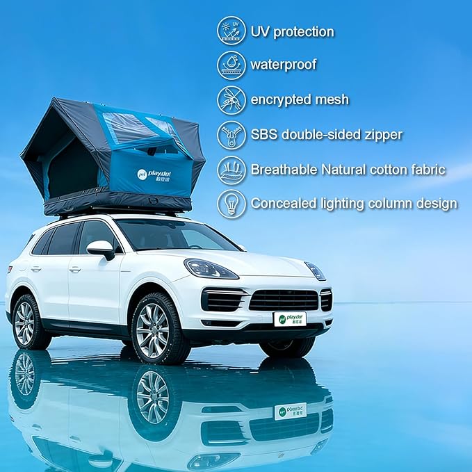 PlayDo Inflatable Rooftop Tent Easy Set Up Pop Up Roof Tent Air Extra Wide Large for 3 Person Family Camping Waterproof Cotton Tents for Truck Car SUV with Light, Skylight