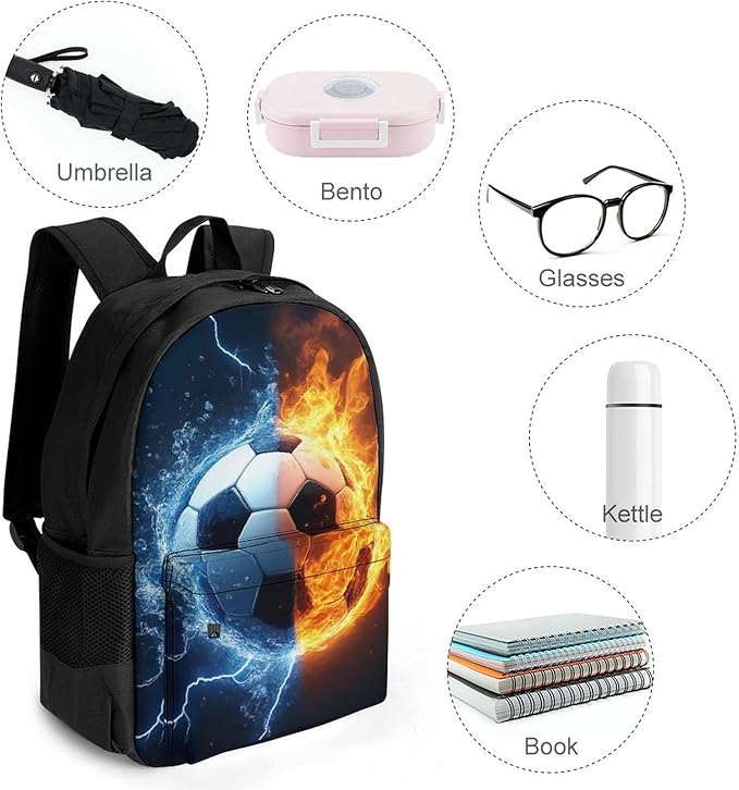 Polyester Daypack Backpack for Trekking Picnic Walking Cycling, Large Capacity Anti-Theft Multipurpose Shoulder Bag, Water And Fire Soccer Ball Casual Daypack