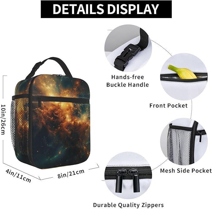 Galaxy Lunch Box for Kids Aldults, Cosmic Space Reusable Thermal Insulation Cooler Tote Bags, Golden Nebula Star Field Pattern Insulated Bag for Student, School Picnic Camping Travel, Gifts