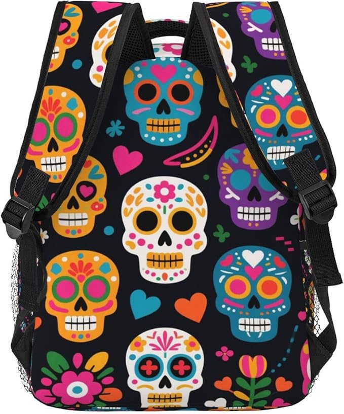 Men Women Polyester Mexican Sugar Skulls Backpack Large Capacity Bookbag With Smooth Zippers for Climbing Picnic Bicycle