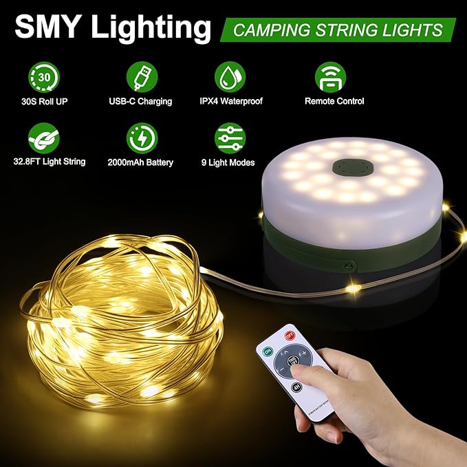 SMY Lighting 3 in 1 Camping String Light Rechargeable(32.8Ft), Warm White Portable Outdoor String Lights, Tent Fairy Lights, Multi-Modes & Brightness,USB RV Awning Lights for Camper, Hiking and Yard