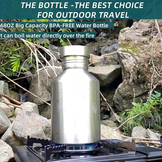 68OZ Stainless Steel Water Bottle with Handle Big Water Bottle for Men Single Wall Thickened Metal Bottle,Leak Proof and Anti Drop Large Capacity Hot Water Kettle for Sports,Camping&Hiking