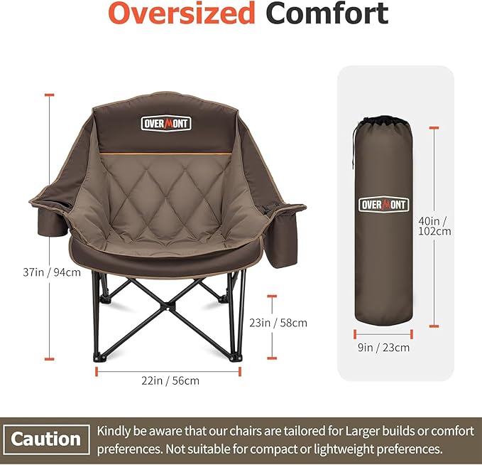 Overmont Oversized XL Camping Chair for Adults - 400lbs Support Heavy-Duty Padded Folding Chair with Side Pocket Cup Holder Cooling Bag for Outdoor Sports Garden Beach Fishing Lawn Khaki 2pcs