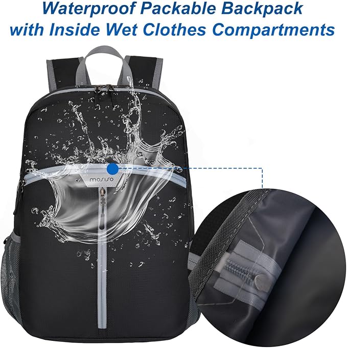MOSISO Lightweight Hiking Daypack,35L Waterproof Packable Backpack, Foldable Day Bag with Inside Wet Clothes Compartments for Travel Camping Outdoor, Black