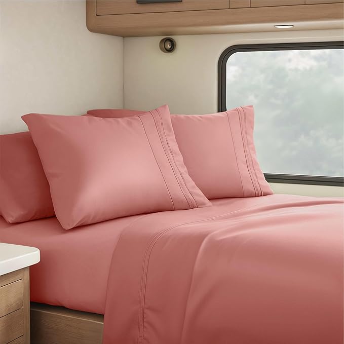 Hearth & Harbor Short Queen Sheets for RV, Pink Clay RV Queen Sheets, Silky Soft 1800 Microfiber Bed Sheet for Camper, 4 Piece RV Bedding with Pillowcases