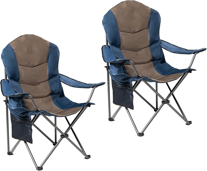 2 Pack Folding Camping Chairs for Adults - High Back Padded Portable Outdoor Lawn Chairs 400lbs Capacity, Adjustable Armrests - Lightweight Camp Chairs Set (Blue & Brown)